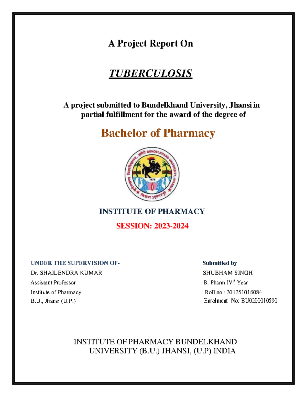 TB Control Study: Comprehensive Project Report for B.Pharm (2023-2024 ...