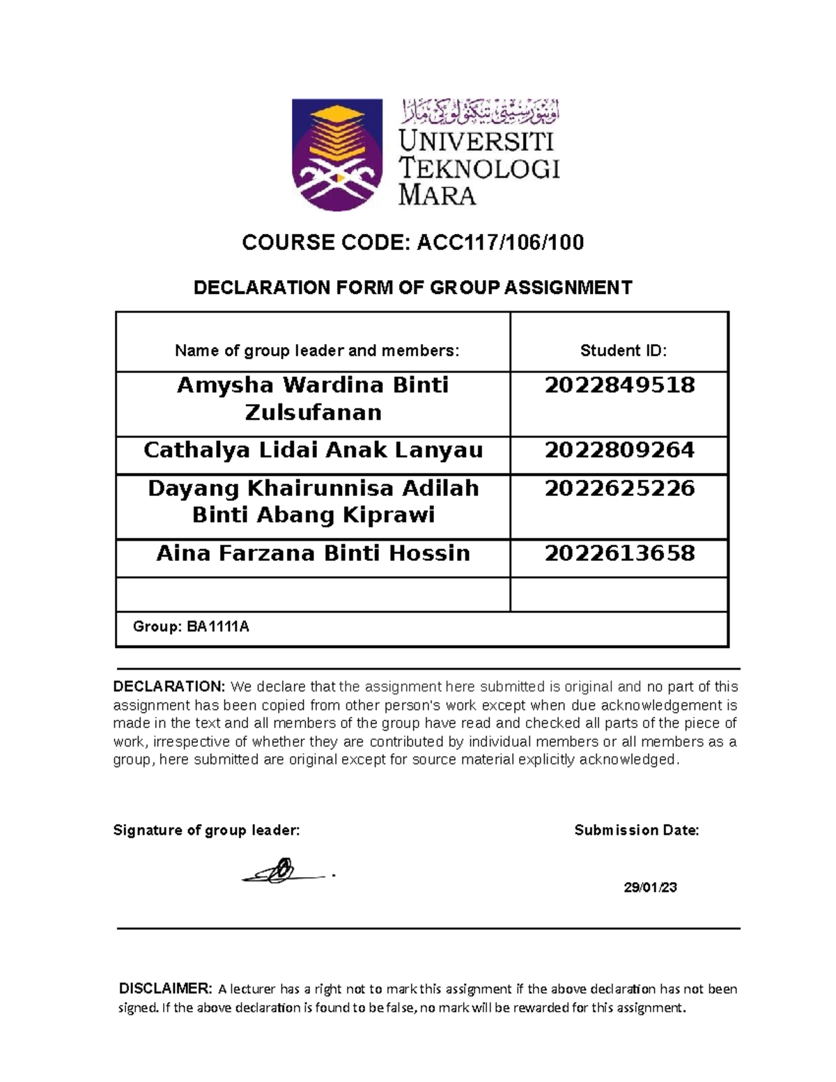 ACC117 Group Assignment 2 - COURSE CODE: ACC117/106/ DECLARATION FORM ...