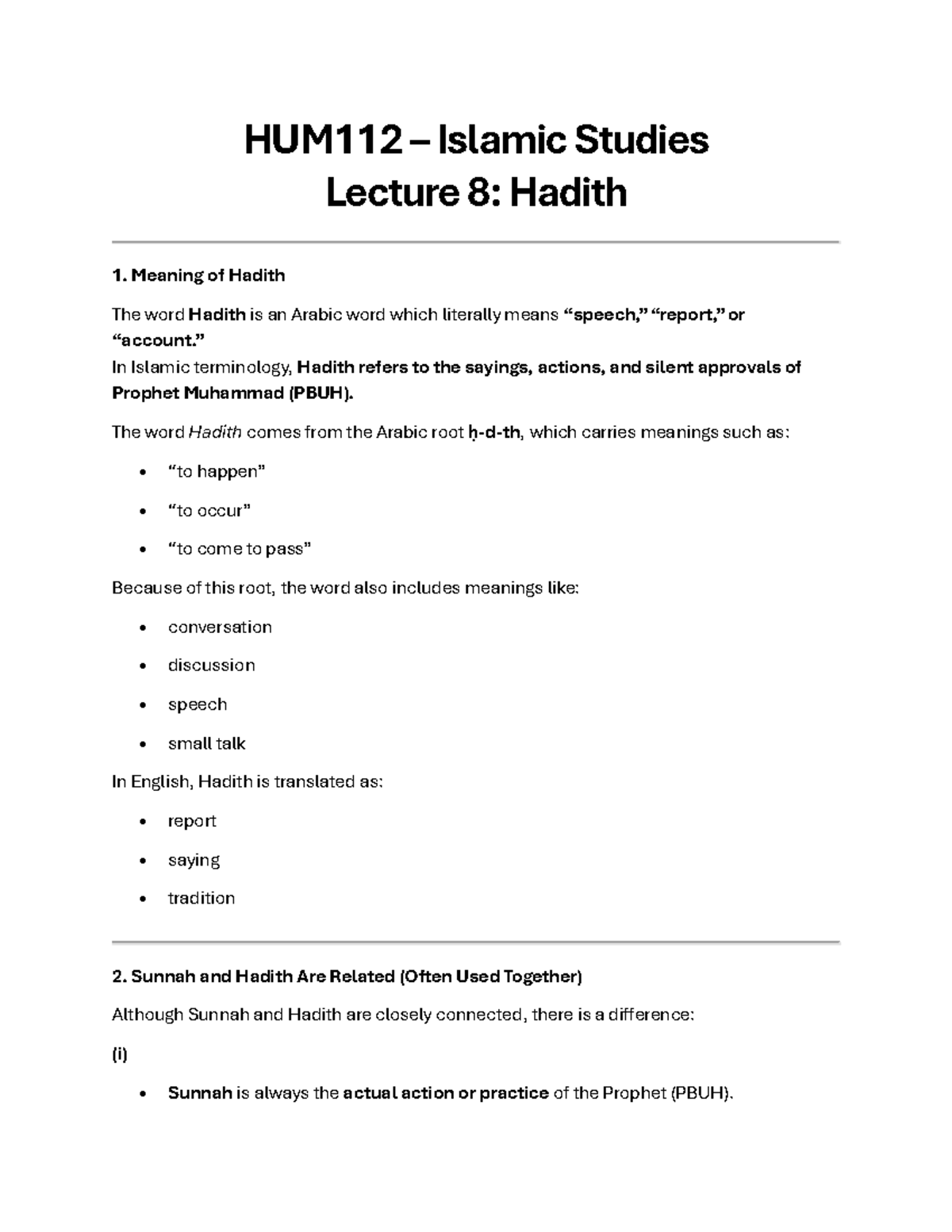 HUM112 Islamic Studies Lecture 8: Understanding Hadith and Sunnah - Studocu