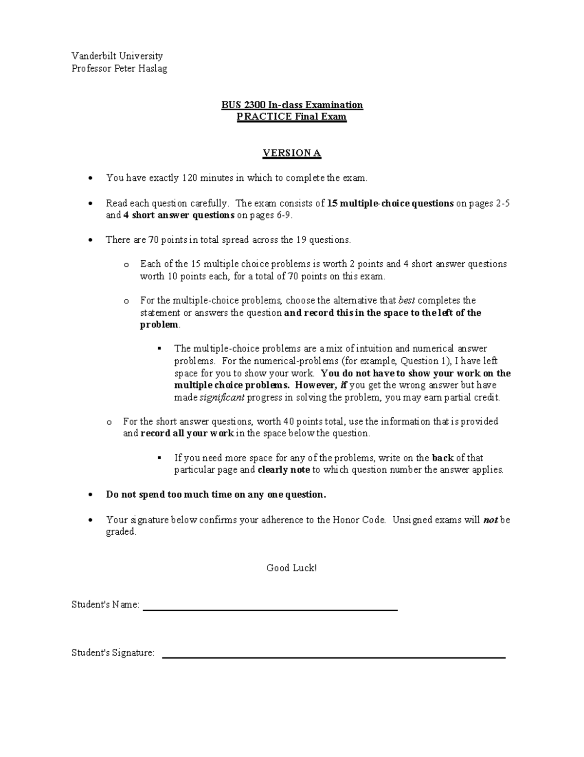 BUS 2300 Practice Final Exam - Key Concepts & Sample Questions - Studocu