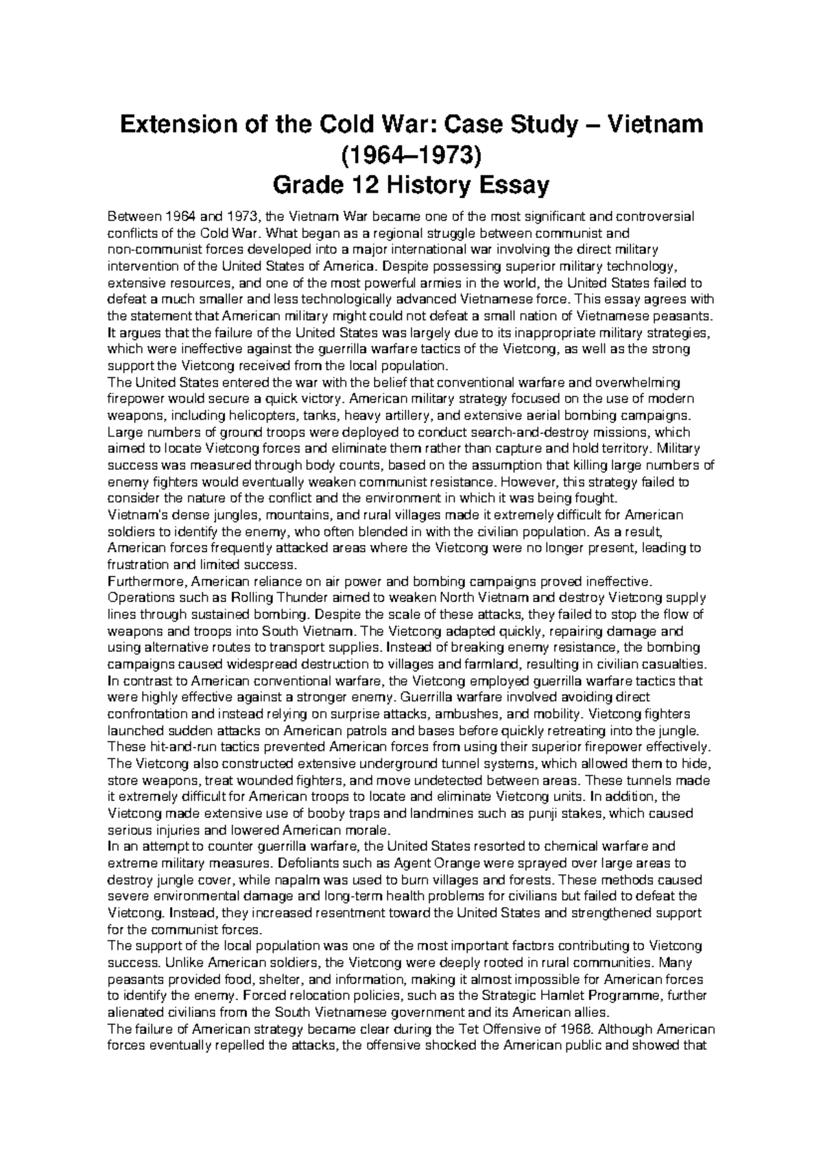Vietnam War: Grade 12 History Case Study Essay on Cold War Impact - Studocu