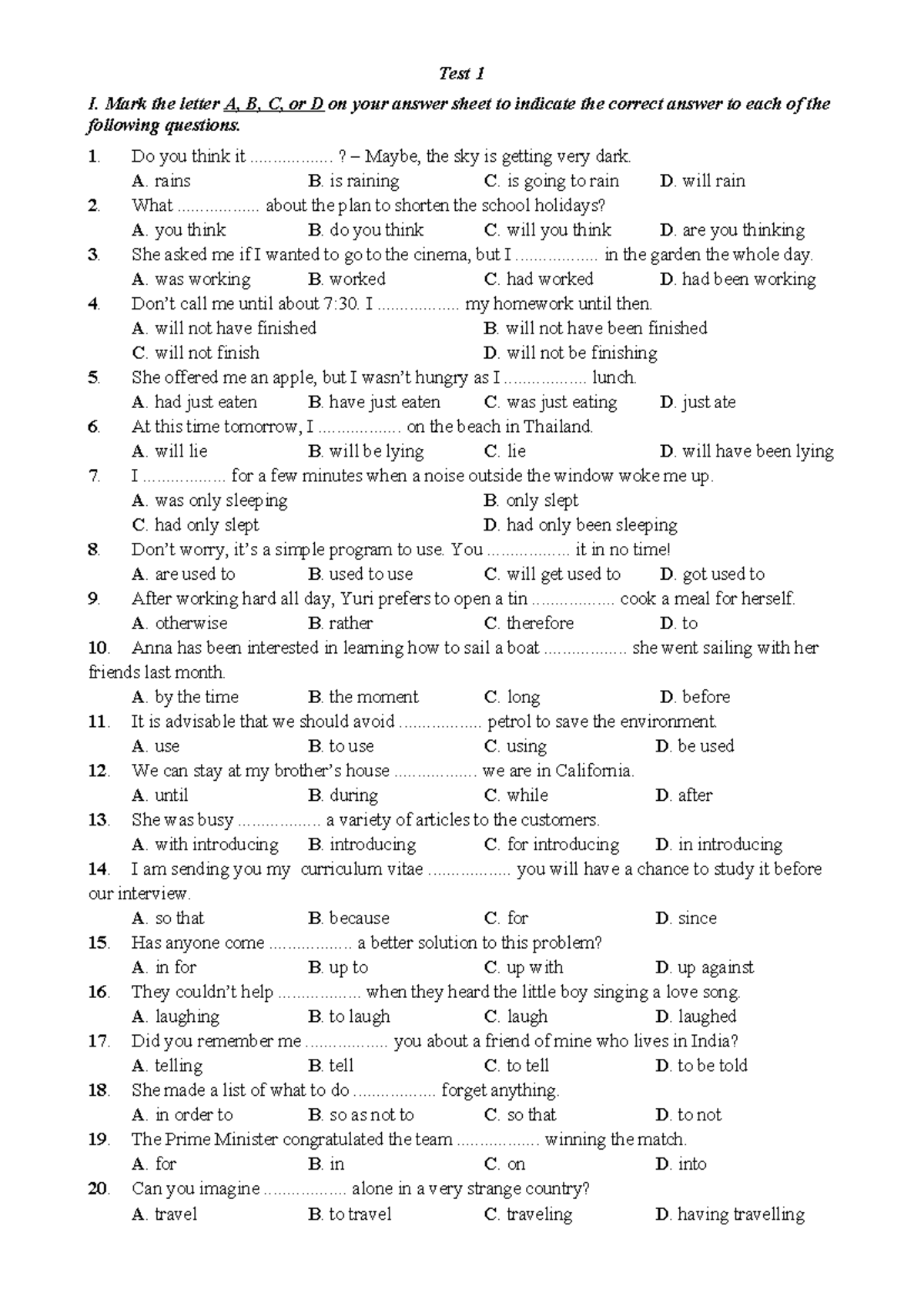 ÔN TẬP CK: Test 1 & 2 Questions and Answers - Studocu