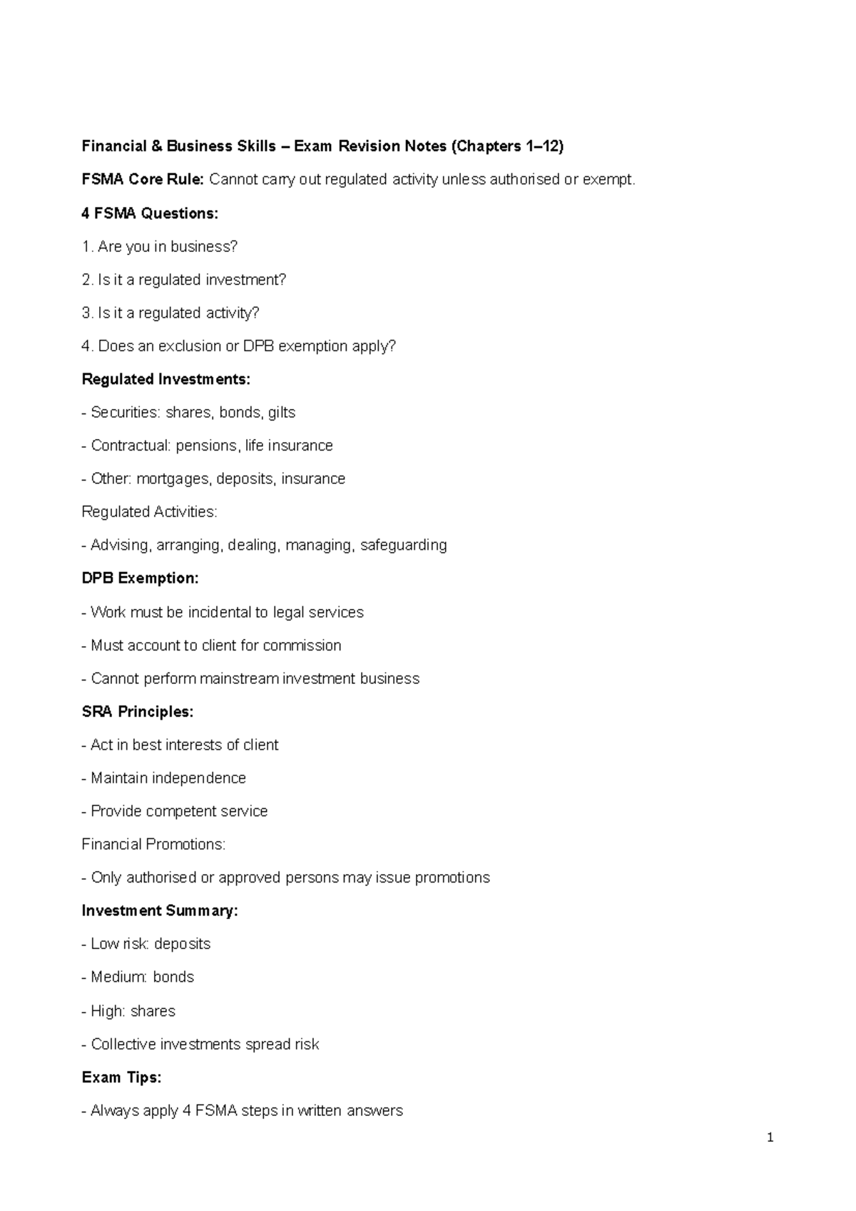 Financial Business Skills Exam Revision Notes (FSMA & SRA Principles ...