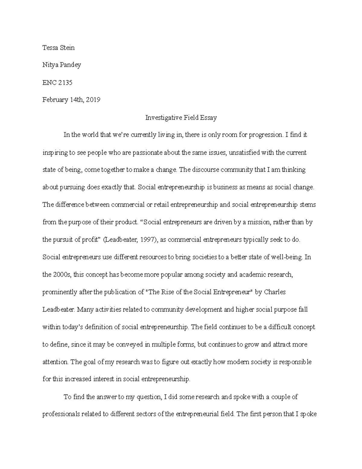 ENC 2135 Investigative Field Essay on Social Entrepreneurship Insights ...