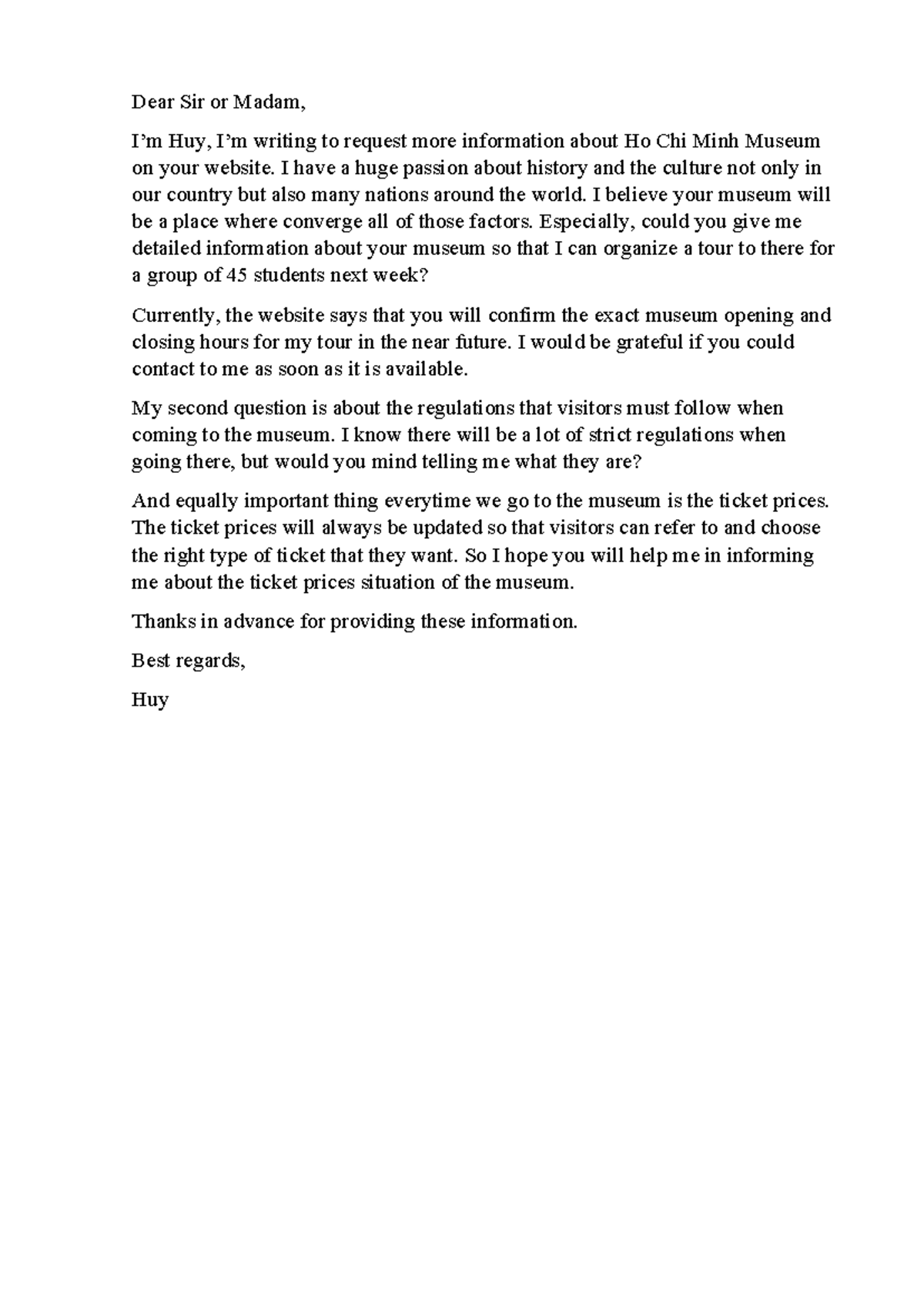 Midterm Writing TEST - Anh văn 3 part1 - Dear Sir or Madam, I’m Huy, I ...