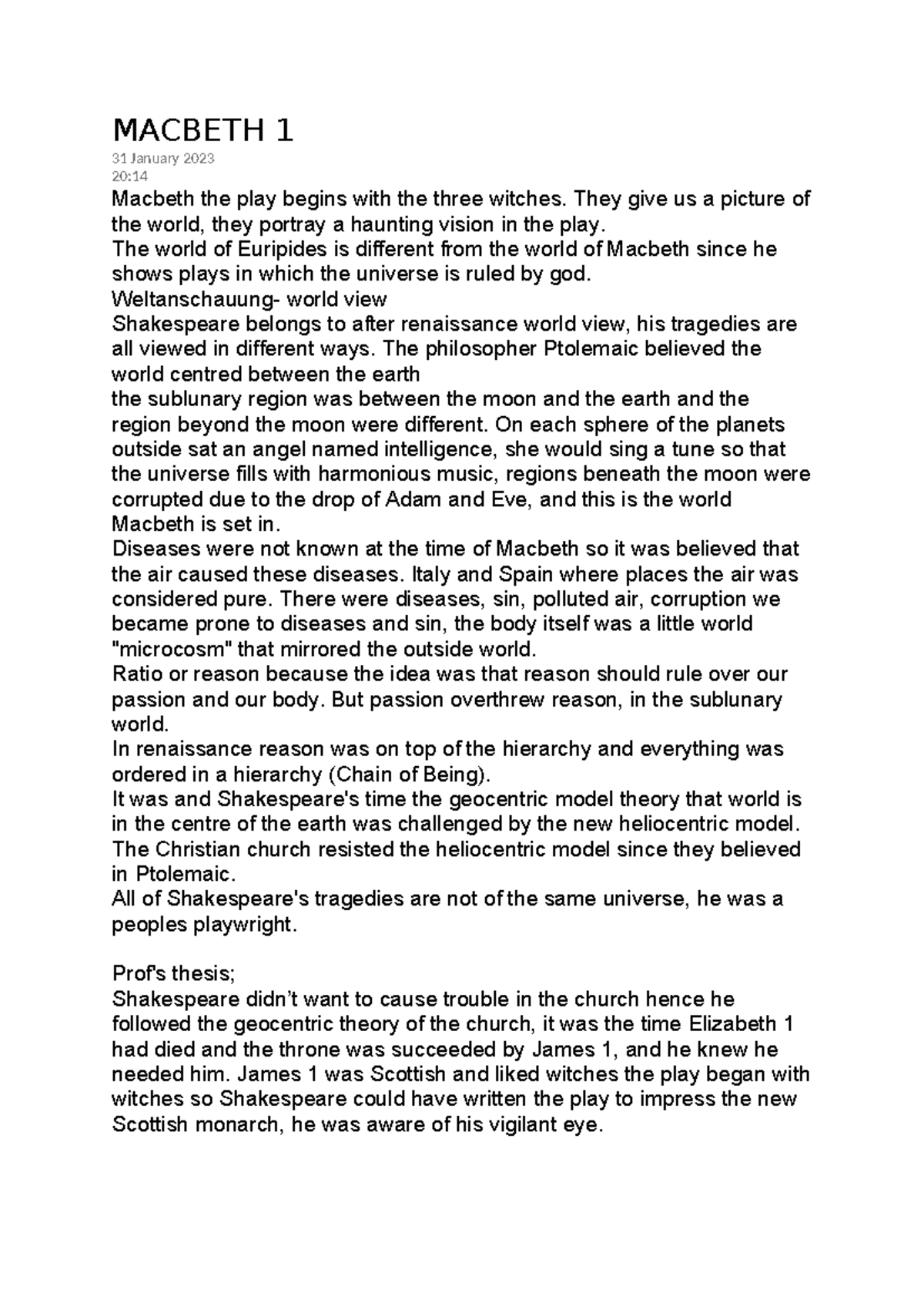 Macbeth 1 - lecture notes - MACBETH 1 31 January 2023 20: Macbeth the ...