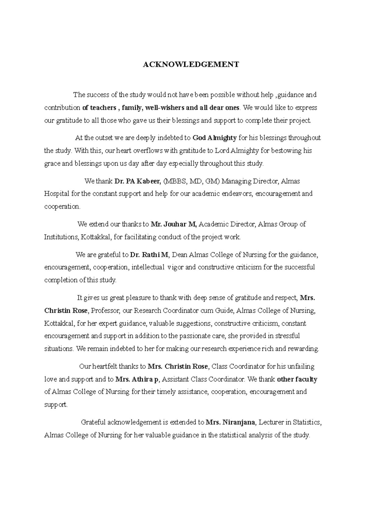 Acknowledgement of Support for Nursing Project - Almas College - Studocu