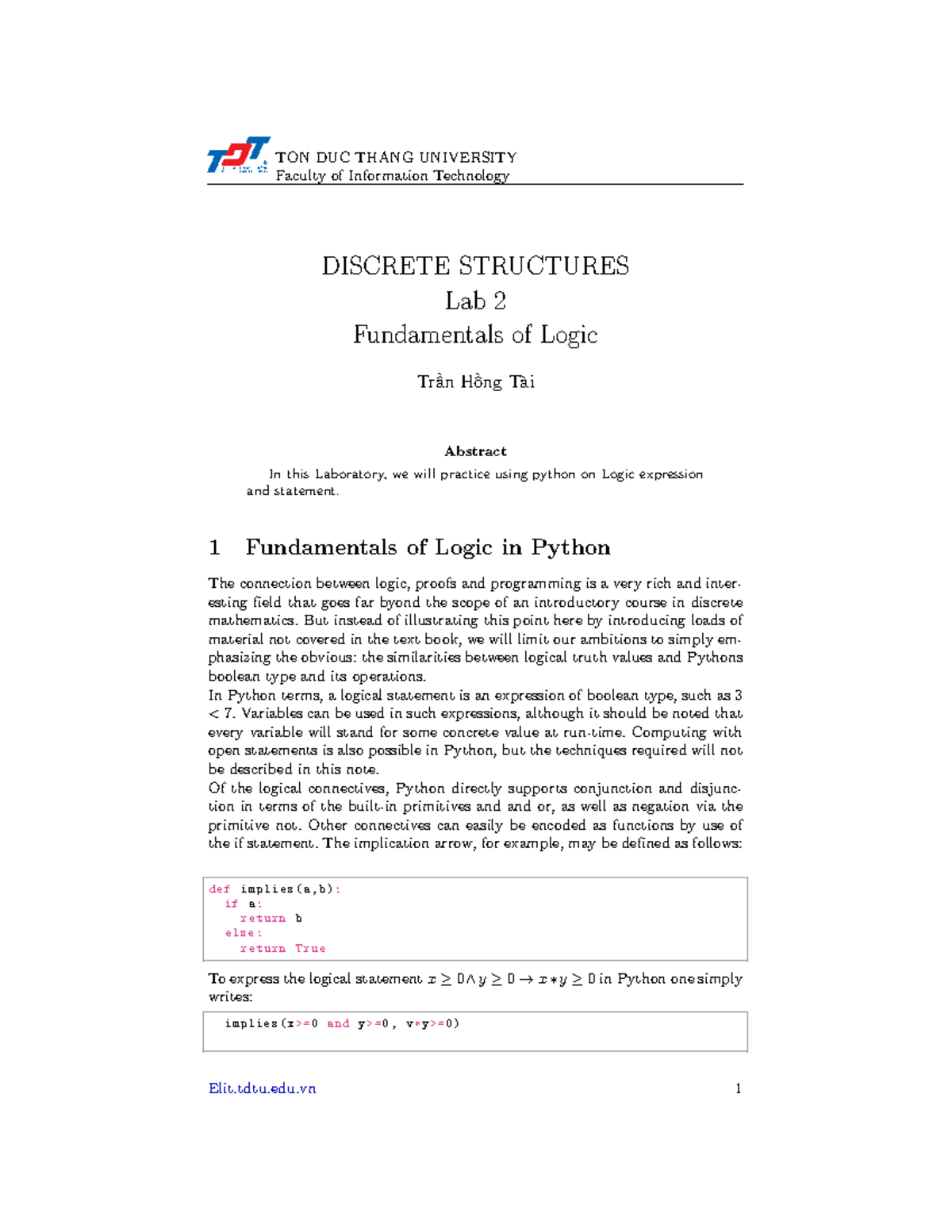 Lab 2 - Fundamentals of Logic in Python (DISCRETE STRUCTURES) - Studocu