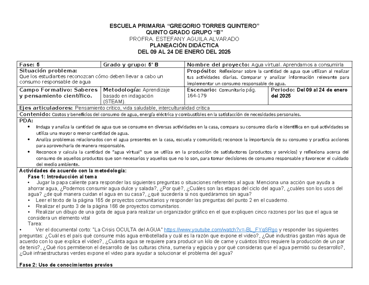 Planeación Didáctica 5°B: Agua Virtual y Derechos de Migrantes (Ene 2025) - Document Preview