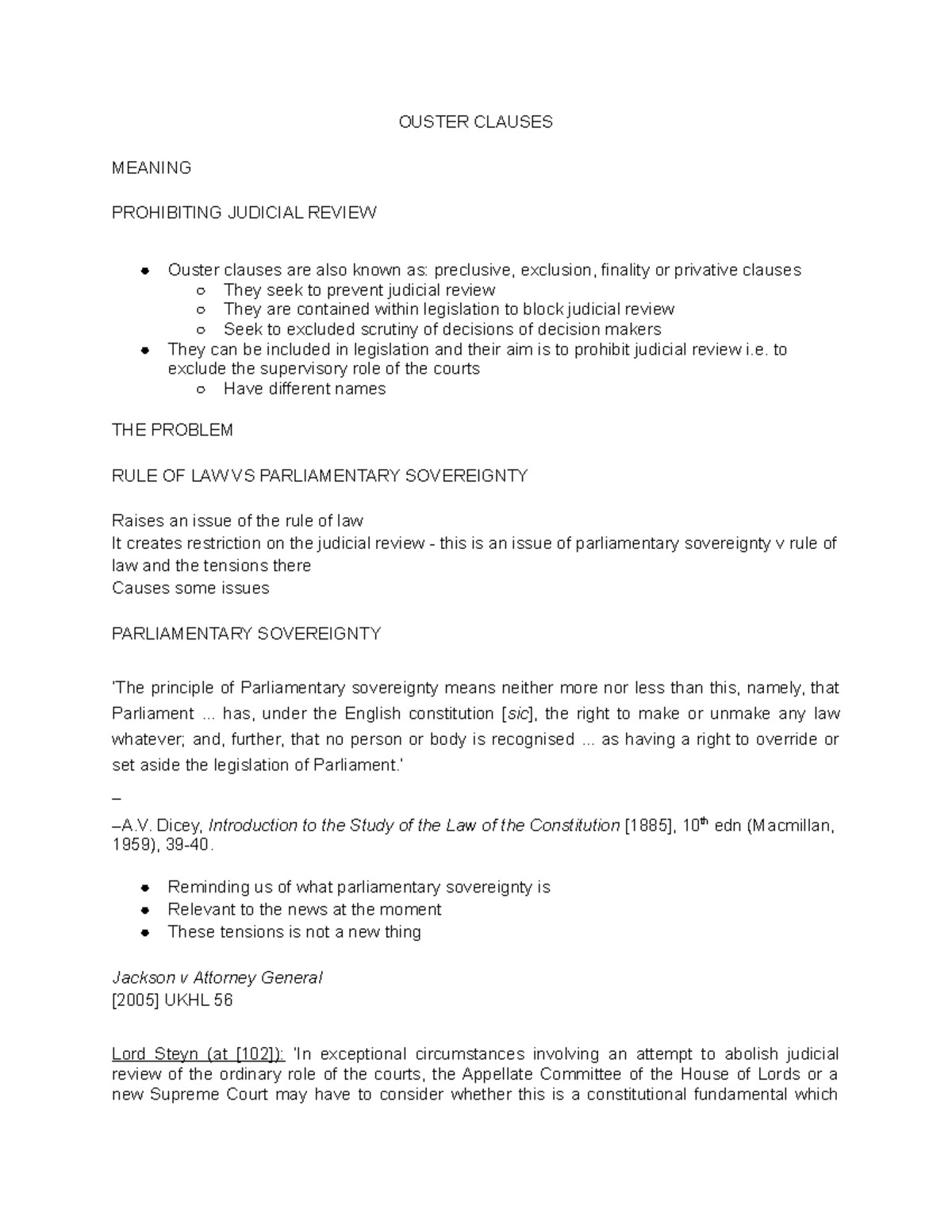 Ouster Clauses in Administrative Law - Lecture Notes (Admin Law) - Studocu