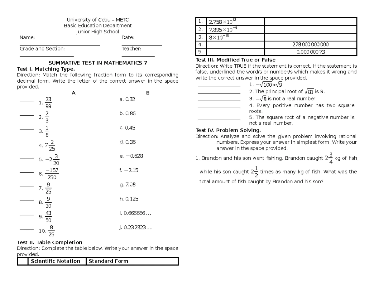 Math 7 Summative Test: Intro to Algebra & Expressions Operations - Studocu