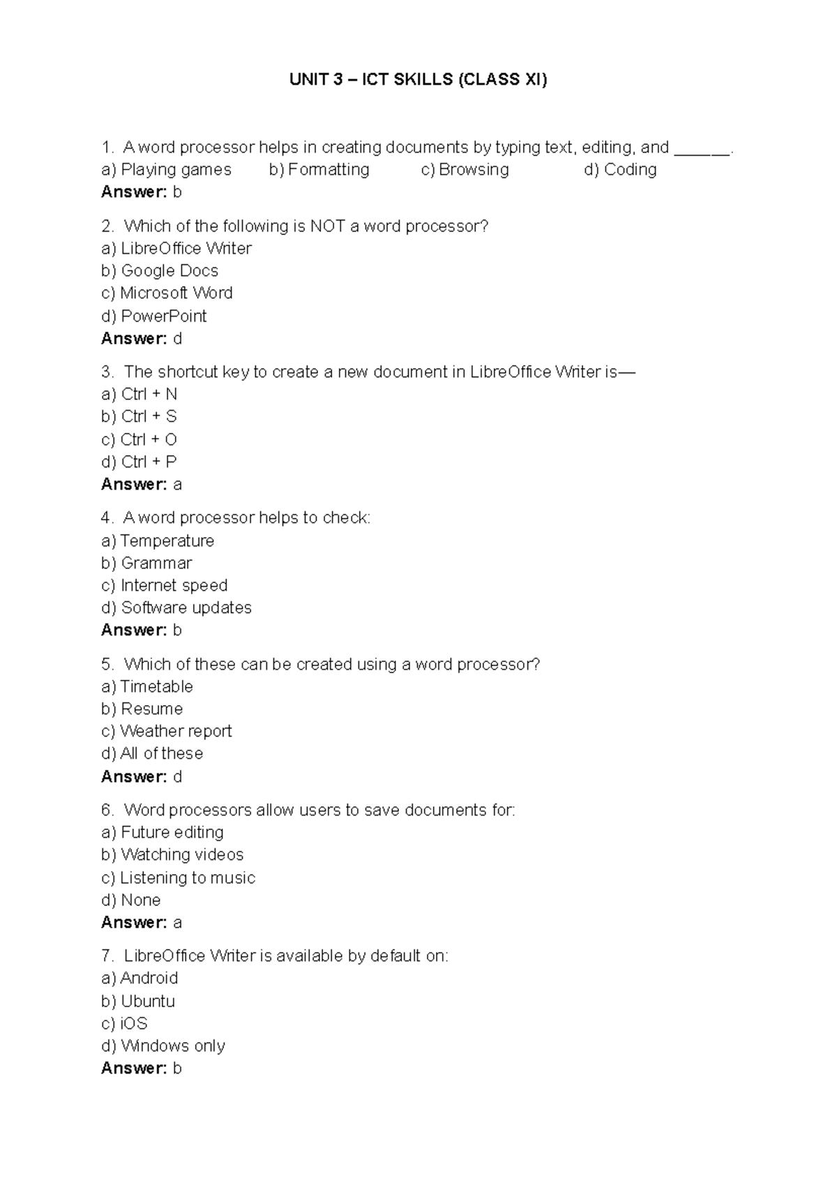 UNIT 3 ICT SKILLS (CLASS XI) Word Processor Overview and Functions ...