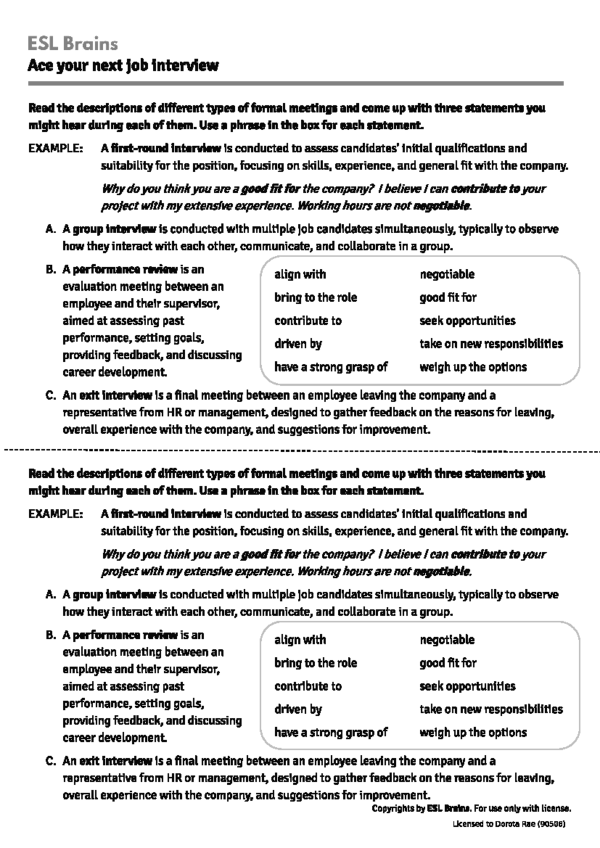 ESL 90506: Ace Your Job Interview Worksheet - Studocu