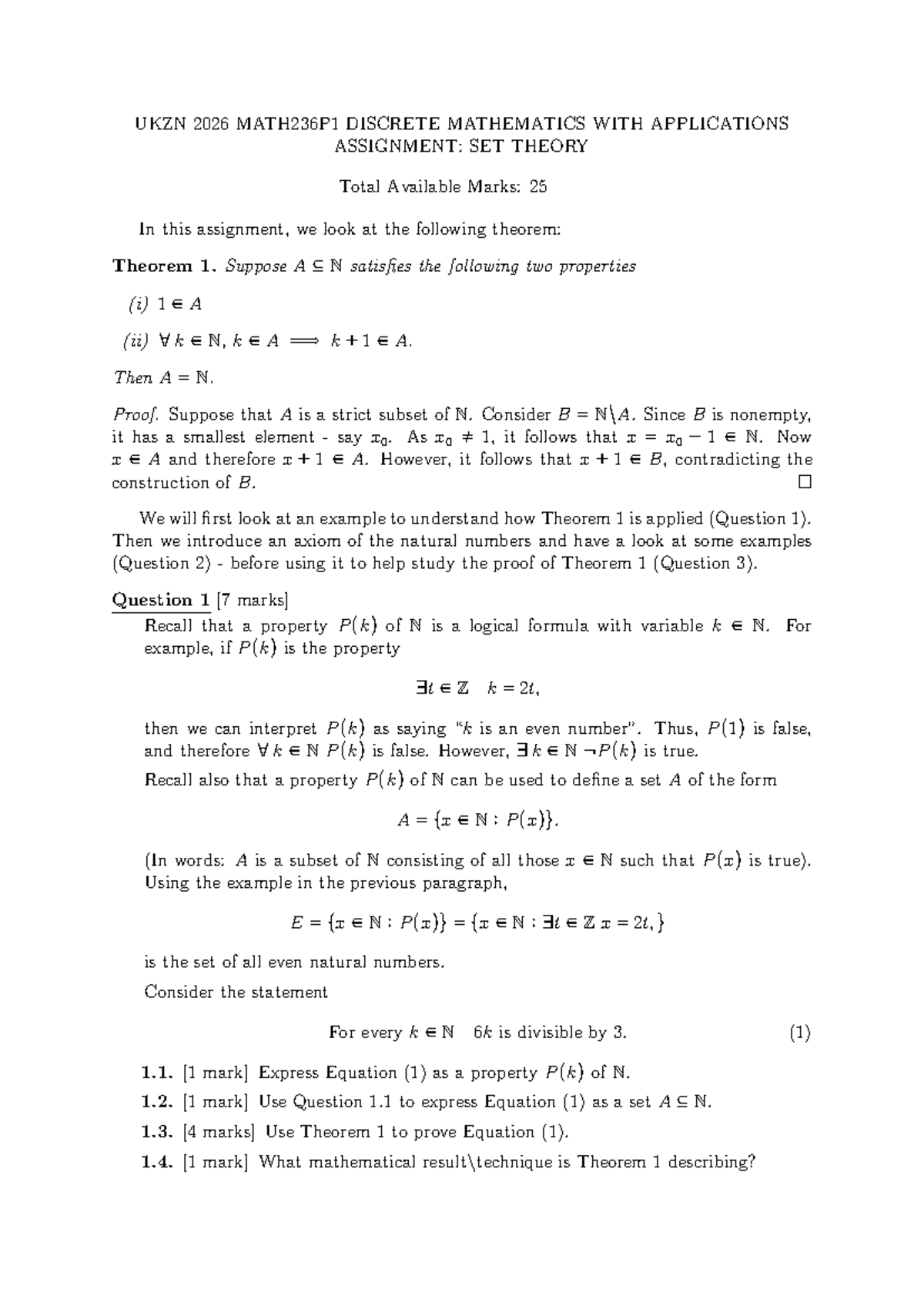 UKZN 2026 MATH236P1 Discrete Mathematics Assignment: Set Theory - Studocu