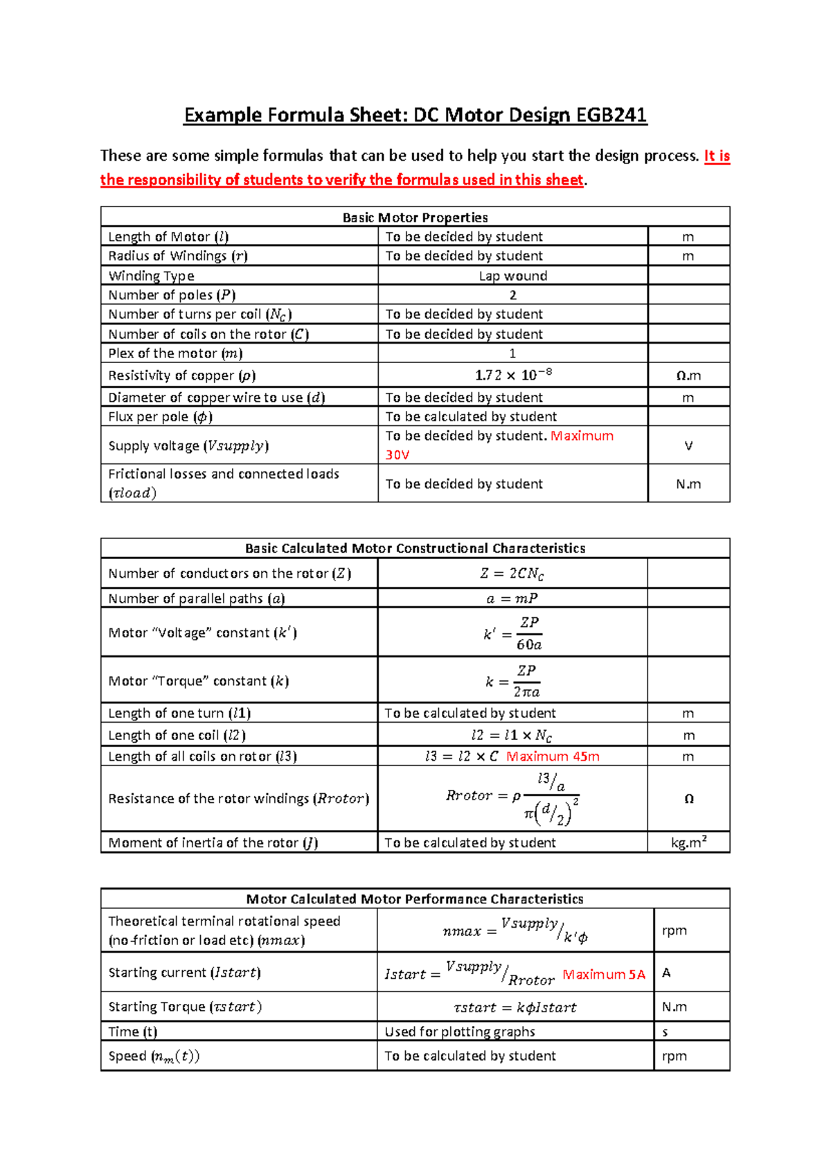 EGB241 DC Motor Design Example Formula Reference Sheet - Studocu