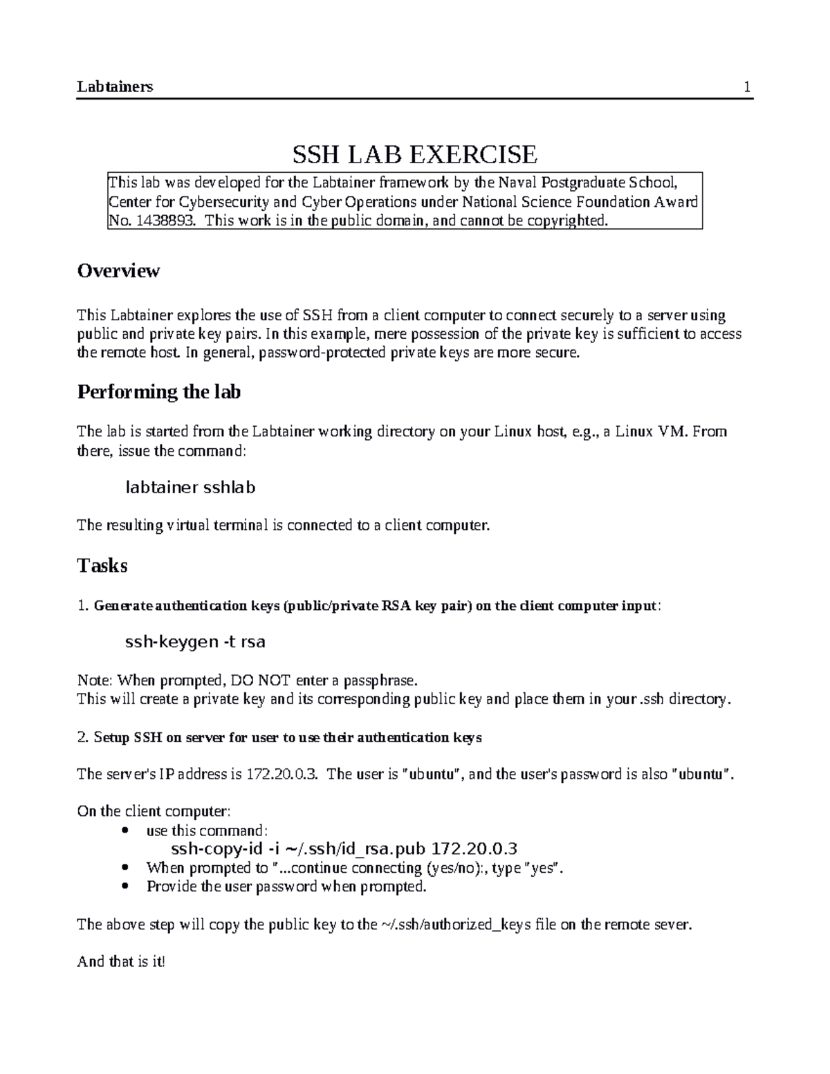 SSH Lab Exercise Guide: Using SSH with Key Pairs in Labtainer - Studocu