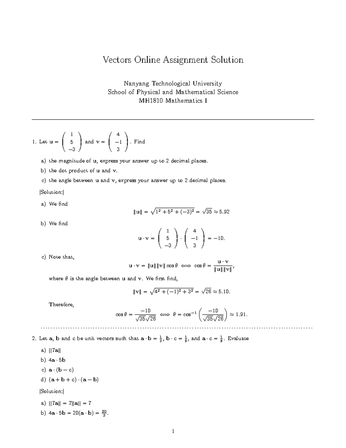 20S1 Vector Assignment - Vectors Online Assignment Solution Nanyang ...