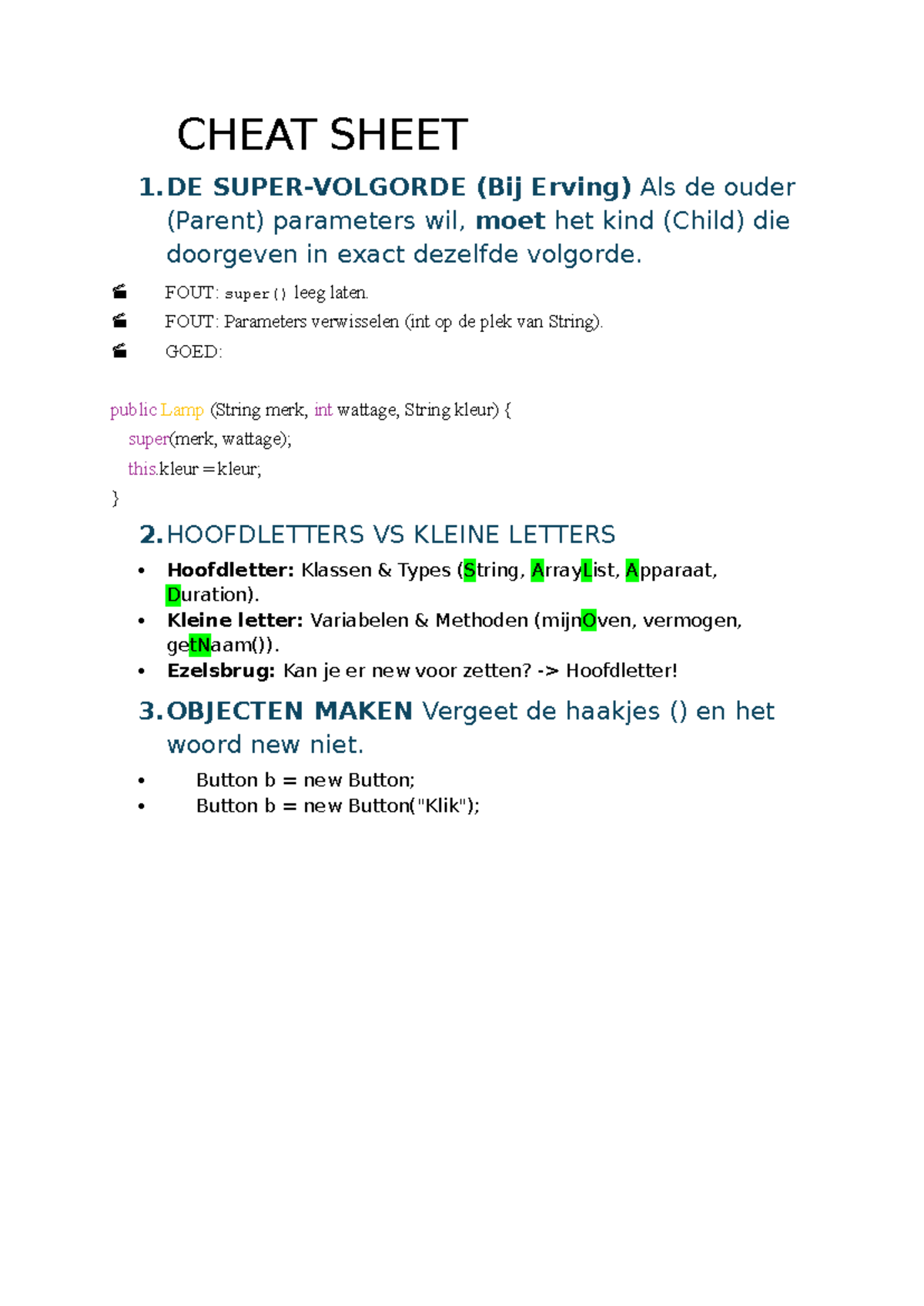 CHEAT SHEET 1.DE: Java OOP Basisprincipes en Voorbeelden - Studocu