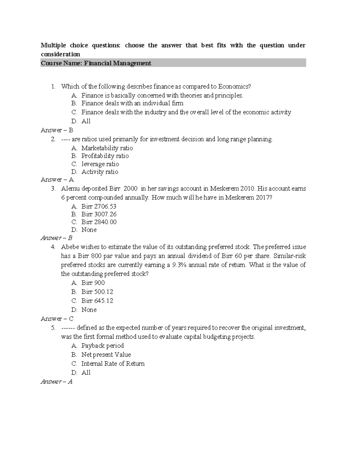 FM 1 Exercise: Multiple Choice Questions on Financial Management - Studocu