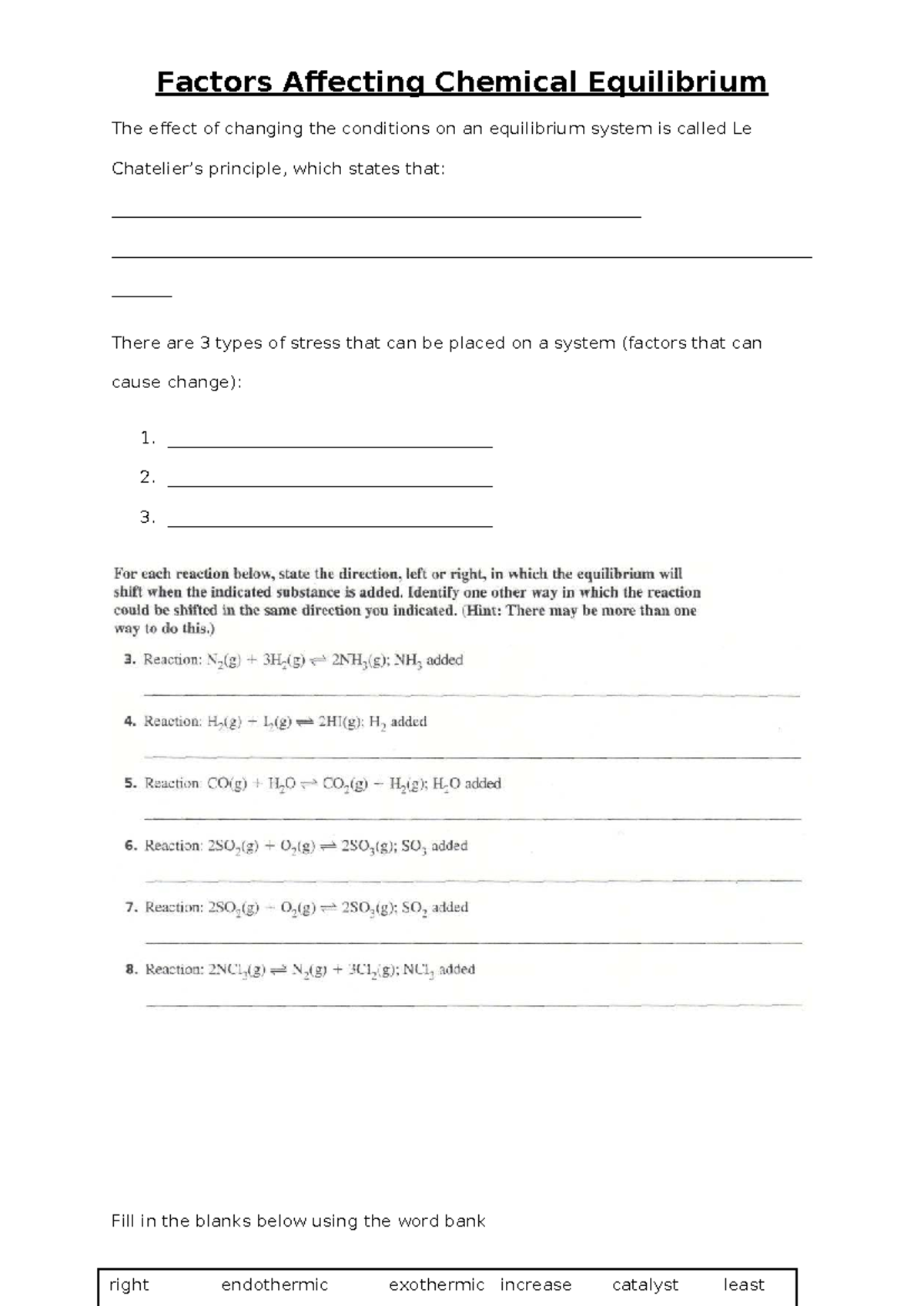 Factors Affecting Chemical Equilibrium Worksheet - Studocu