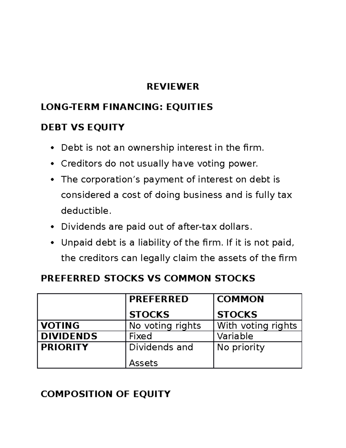 FIN 072 Reviewer: Long-Term Financing and Equity Analysis Guide - Studocu