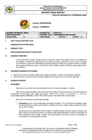 IM3 Engineering Mechanics - IM No: IM-ENGG 311-1ST SEM-2021- NVSU-FR ...