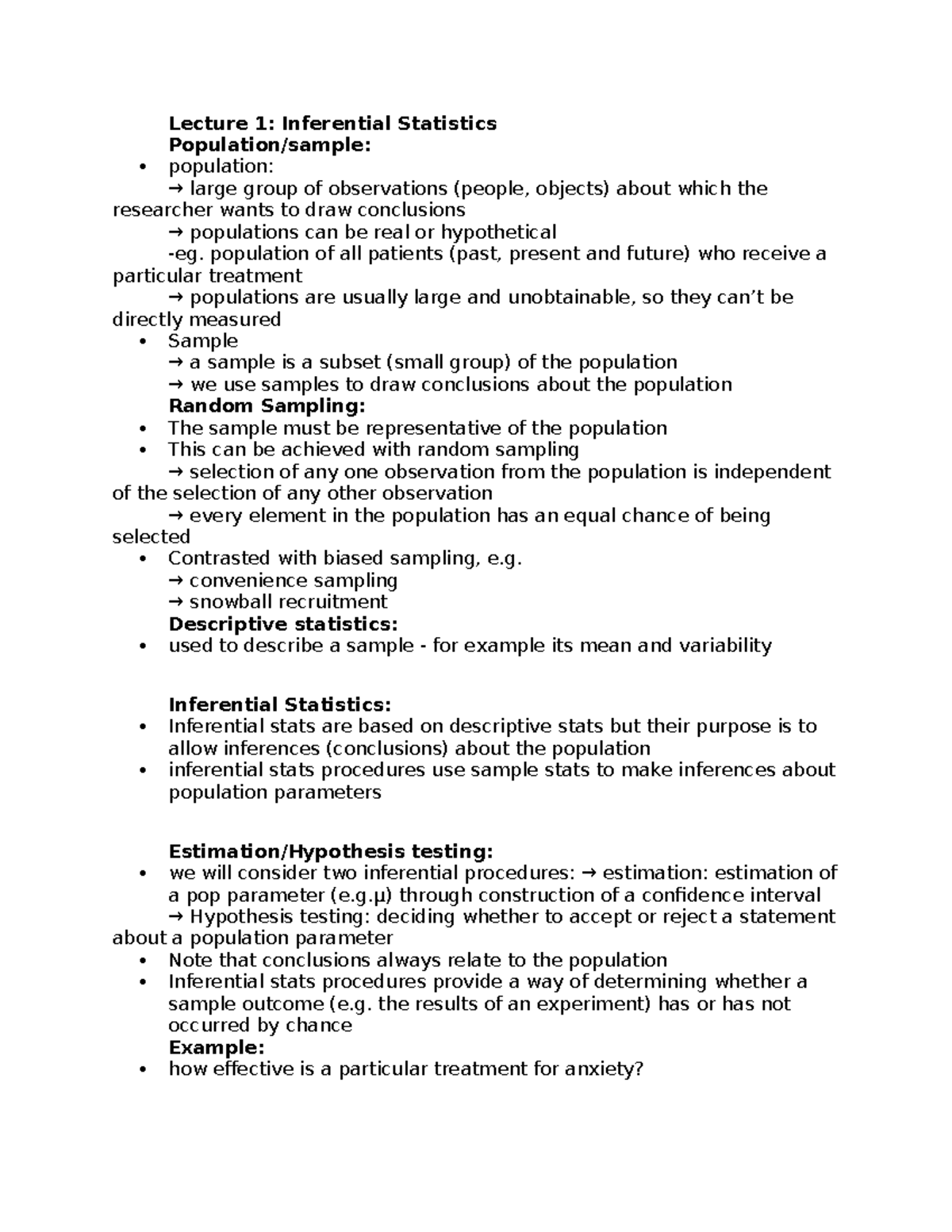 PSYC2001 - LEC 1 - Lecture Notes on Inferential Statistics - Studocu