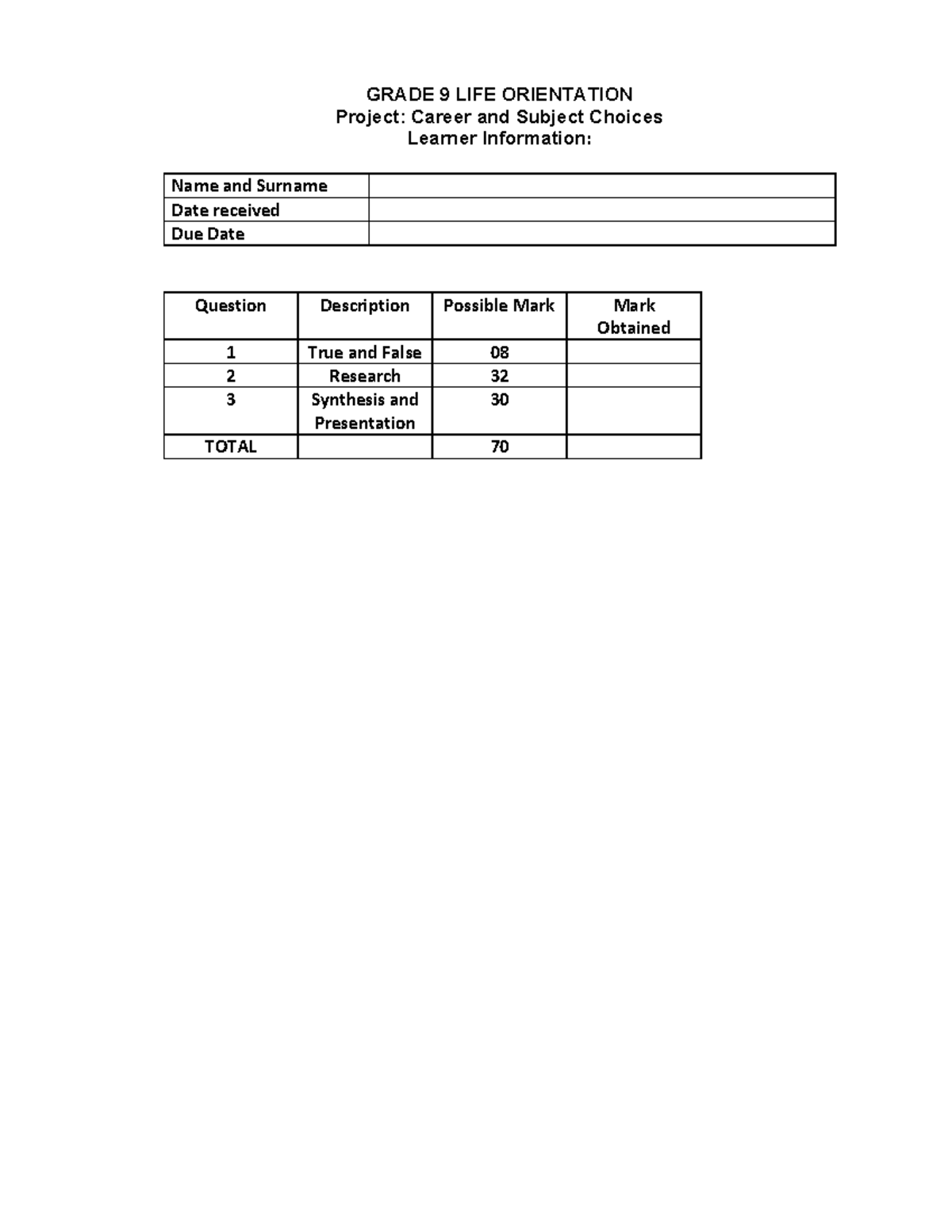 GRADE 9 LO Term 3 Project: Career & Subject Choices Guide - Studocu
