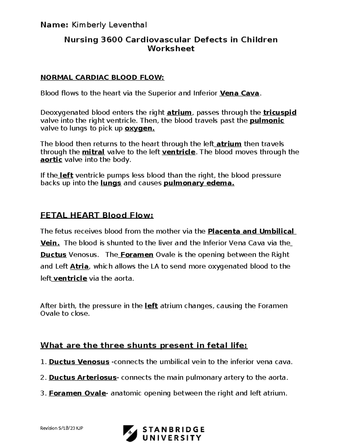 Nursing 3600 Cardiac Worksheet: Cardiovascular Defects Overview - Studocu