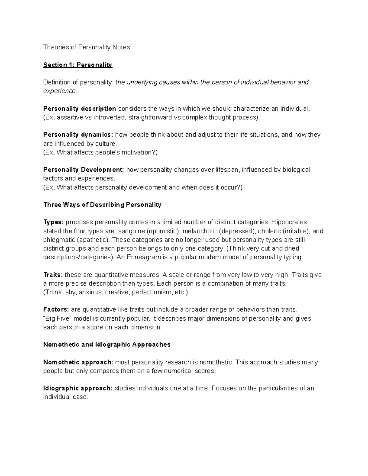 Theories of Personality: Comprehensive Notes for PSY 101 Final Exam ...