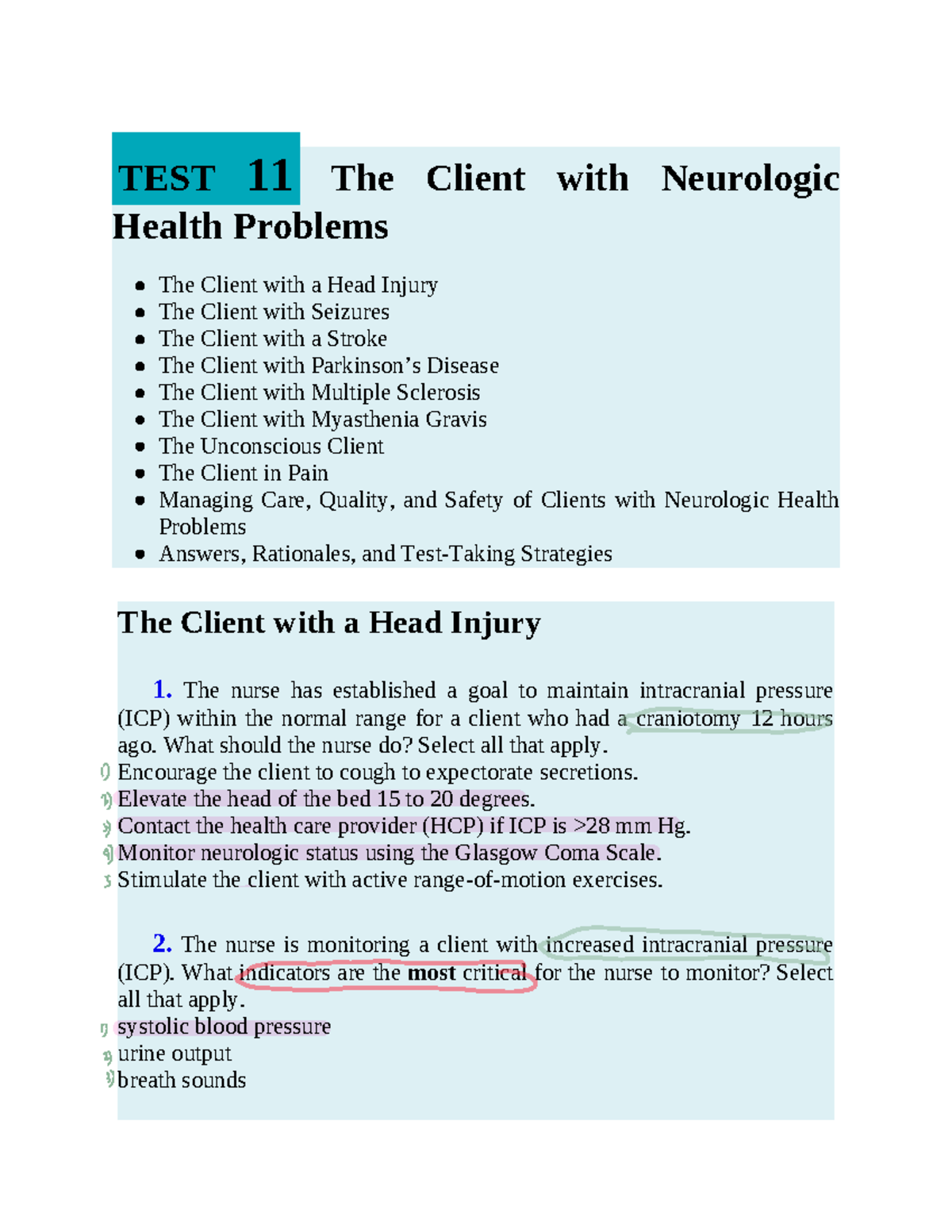 Neuro - NUR 123 Final Exam Review: Neurologic Health Problems - Studocu
