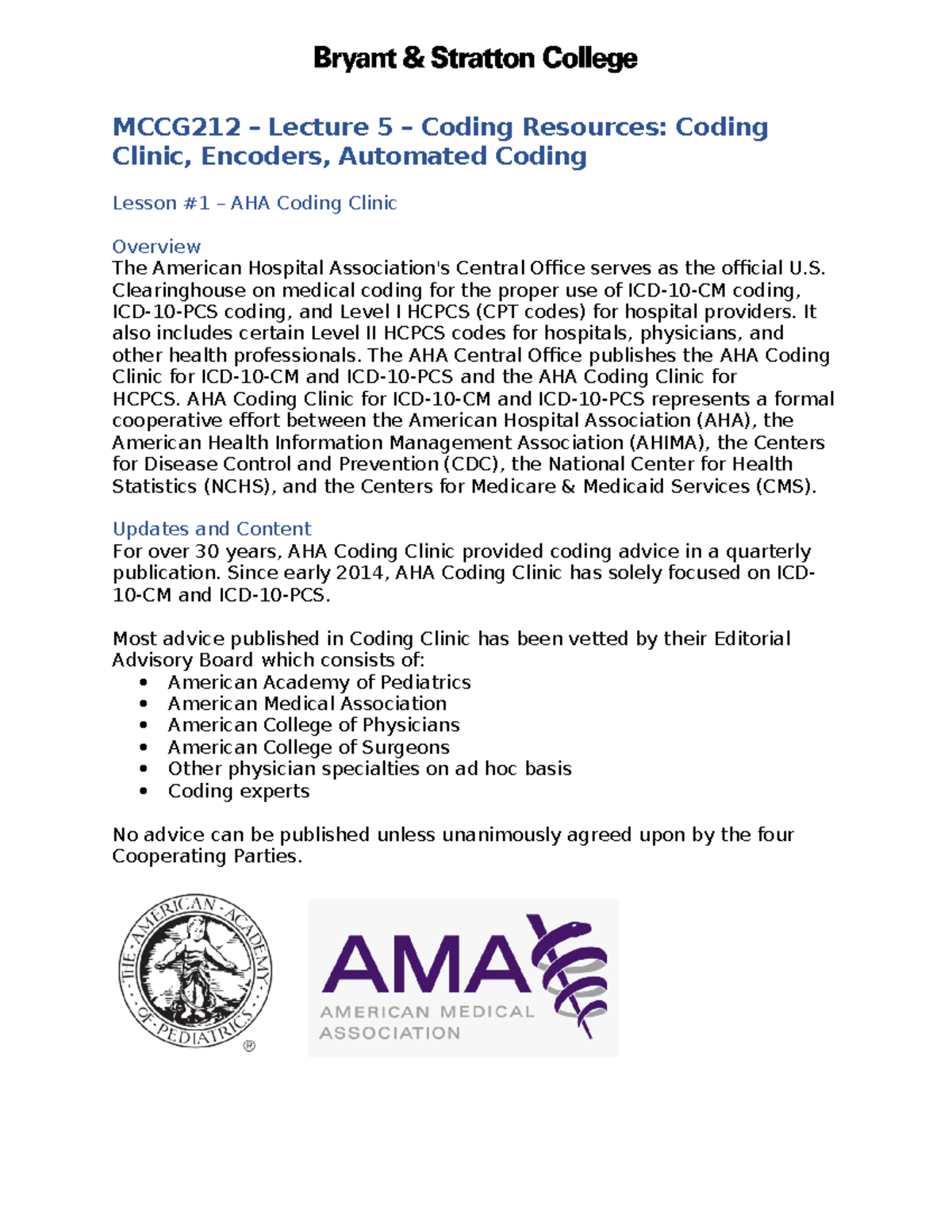 MCCG212 - Lecture 5 - AHA Coding Clinic, Encoders, & Automated Coding ...