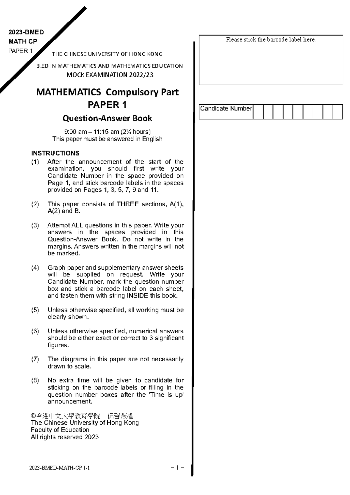 BMED 22-23 Mock Exam Mathematics Compulsory Part Paper 1 - Studocu