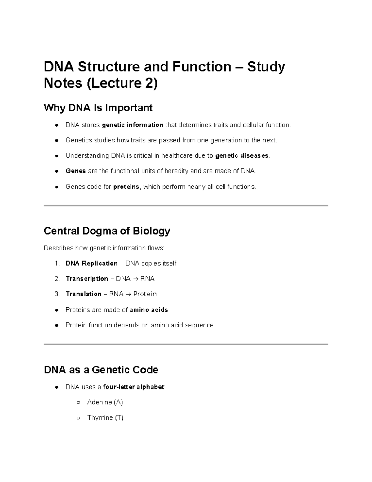 DNA Structure and Function Study Notes (Lecture 2) - Studocu