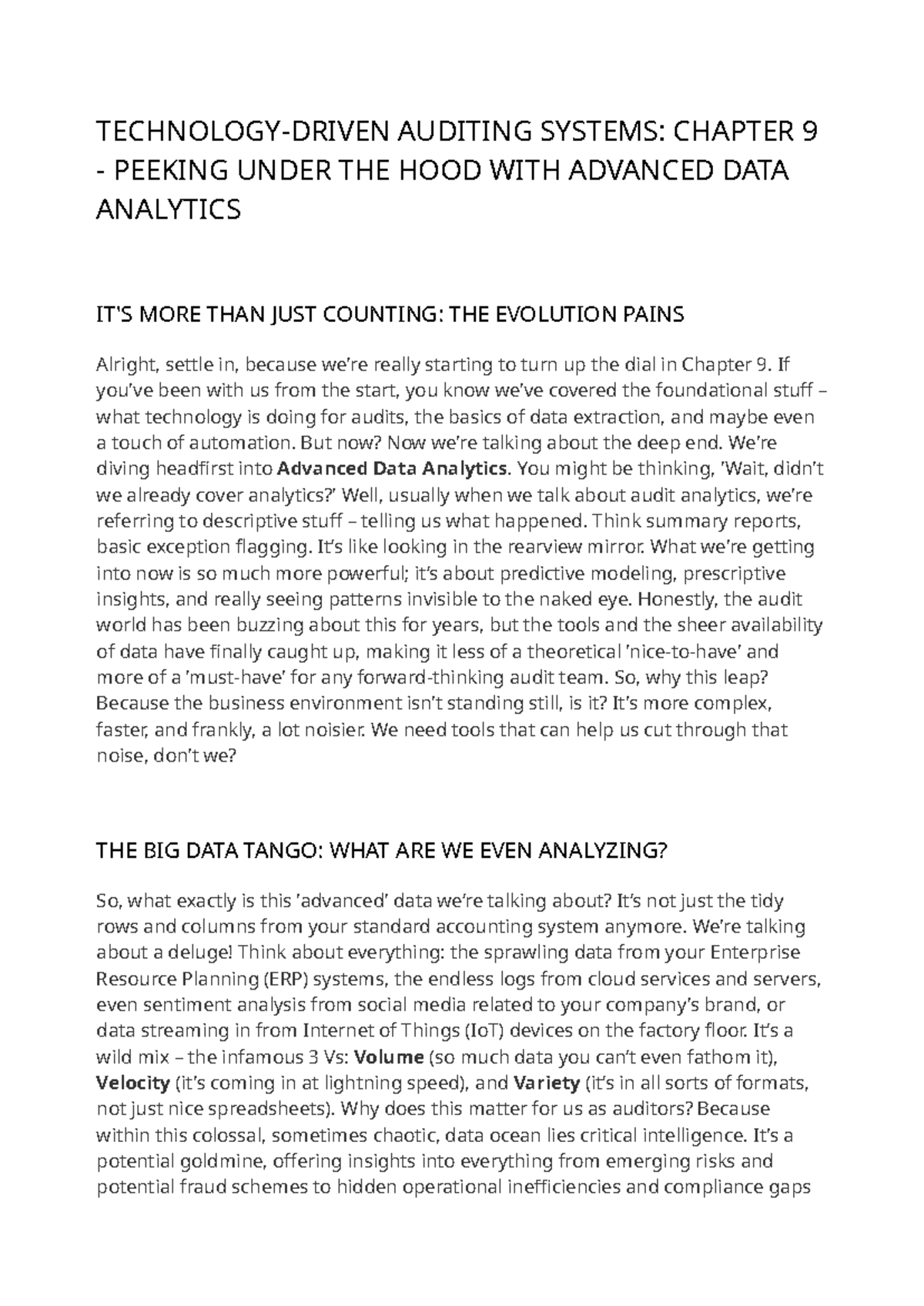 AUDITING SYSTEMS: CHAPTER 9 - ADVANCED DATA ANALYTICS INSIGHTS - Studocu