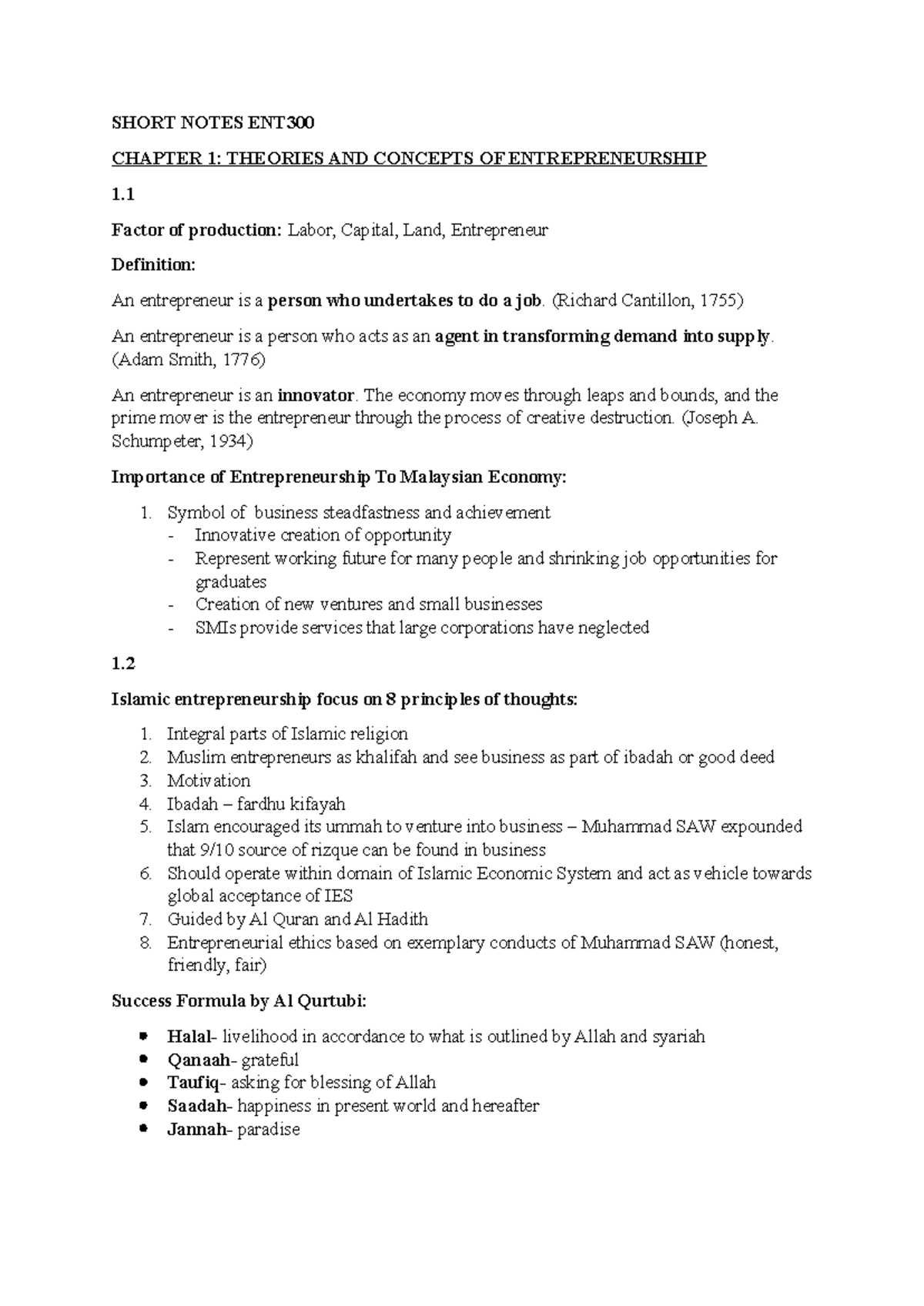 ENT300 CHAPTER 1: ENTREPRENEURSHIP THEORIES & ISLAMIC PRINCIPLES - Studocu