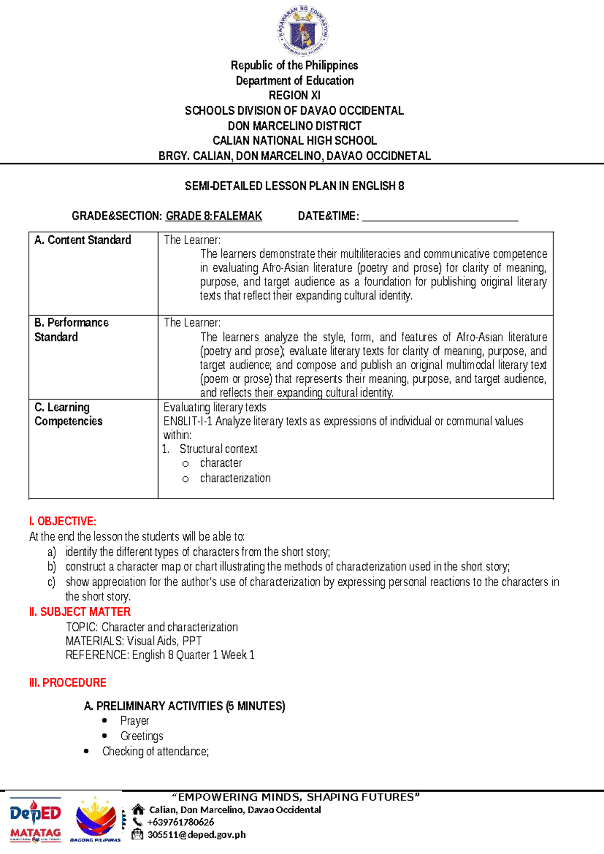 EN8 Lesson Plan: Character and Characterization (COT 1) - Studocu