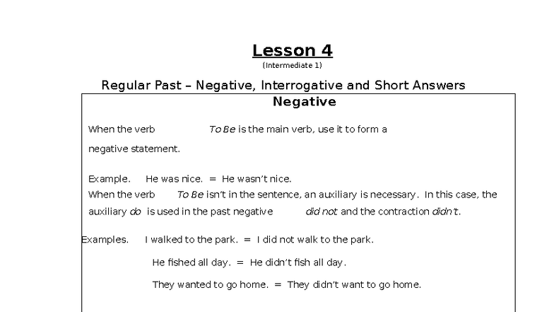 Lesson 4 (Intermediate 1) Past Negative & Interrogative Forms - Studocu