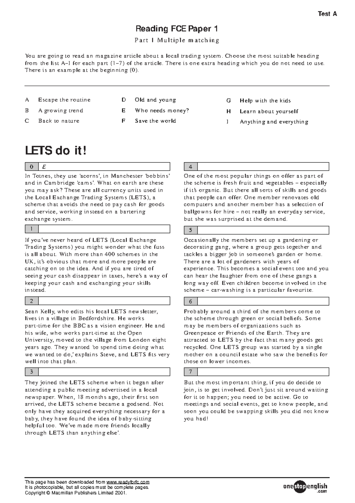 Fce sample tests - practice test materials - 0 E In Totnes, they use ...