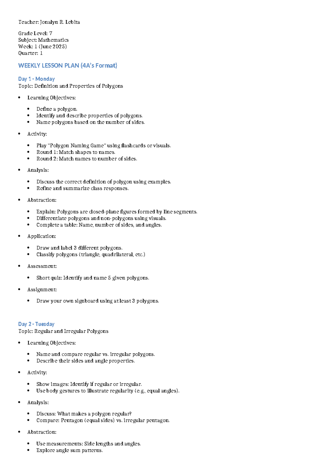 Grade 7 Math (Q1) Week 1 Lesson Plan: Polygons & Their Properties - Studocu