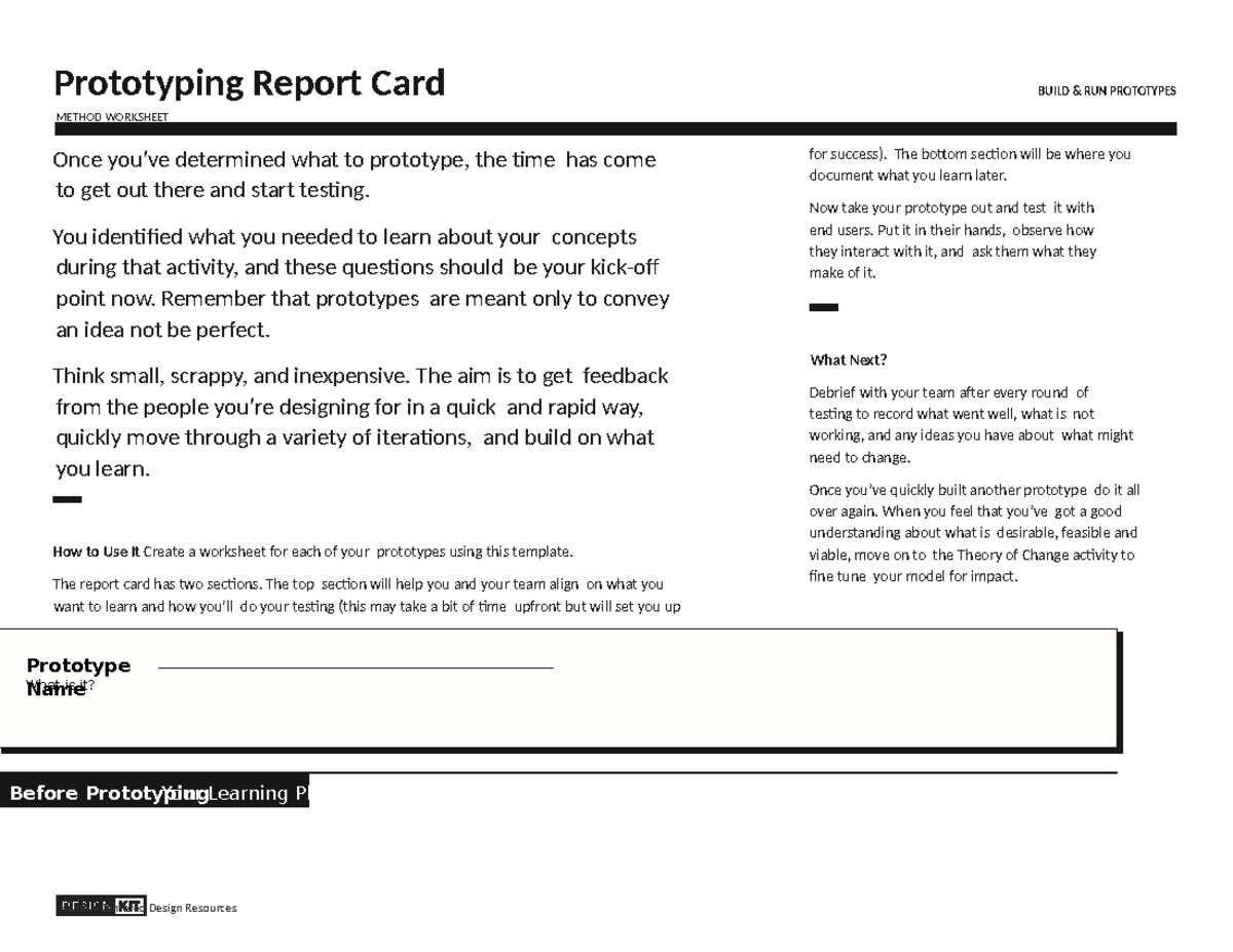 Prototyping Report Card: BUILD RUN PROTOTYPES Method Worksheet - Studocu
