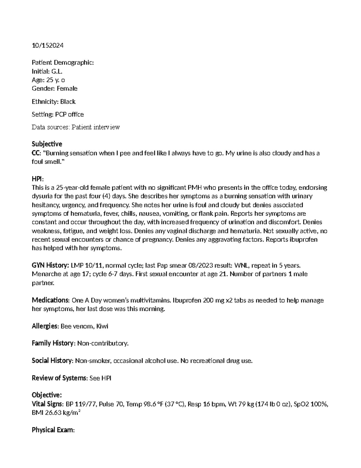 SOAP Note: UTI Case Study for Patient G.L. (25 y.o. Female) - Studocu