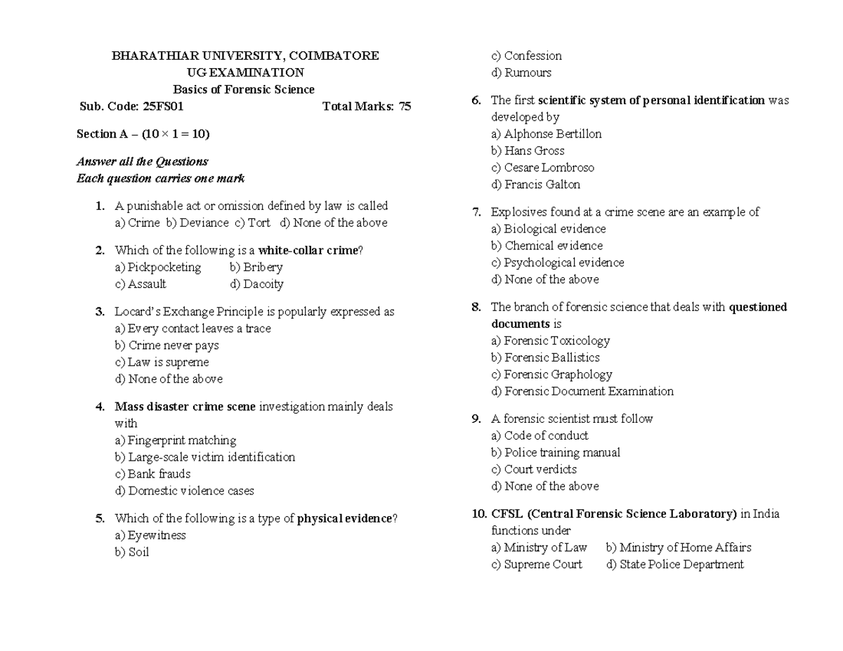 Basics of Forensic Science Exam Questions - Sub. Code: 25FS01 - Studocu