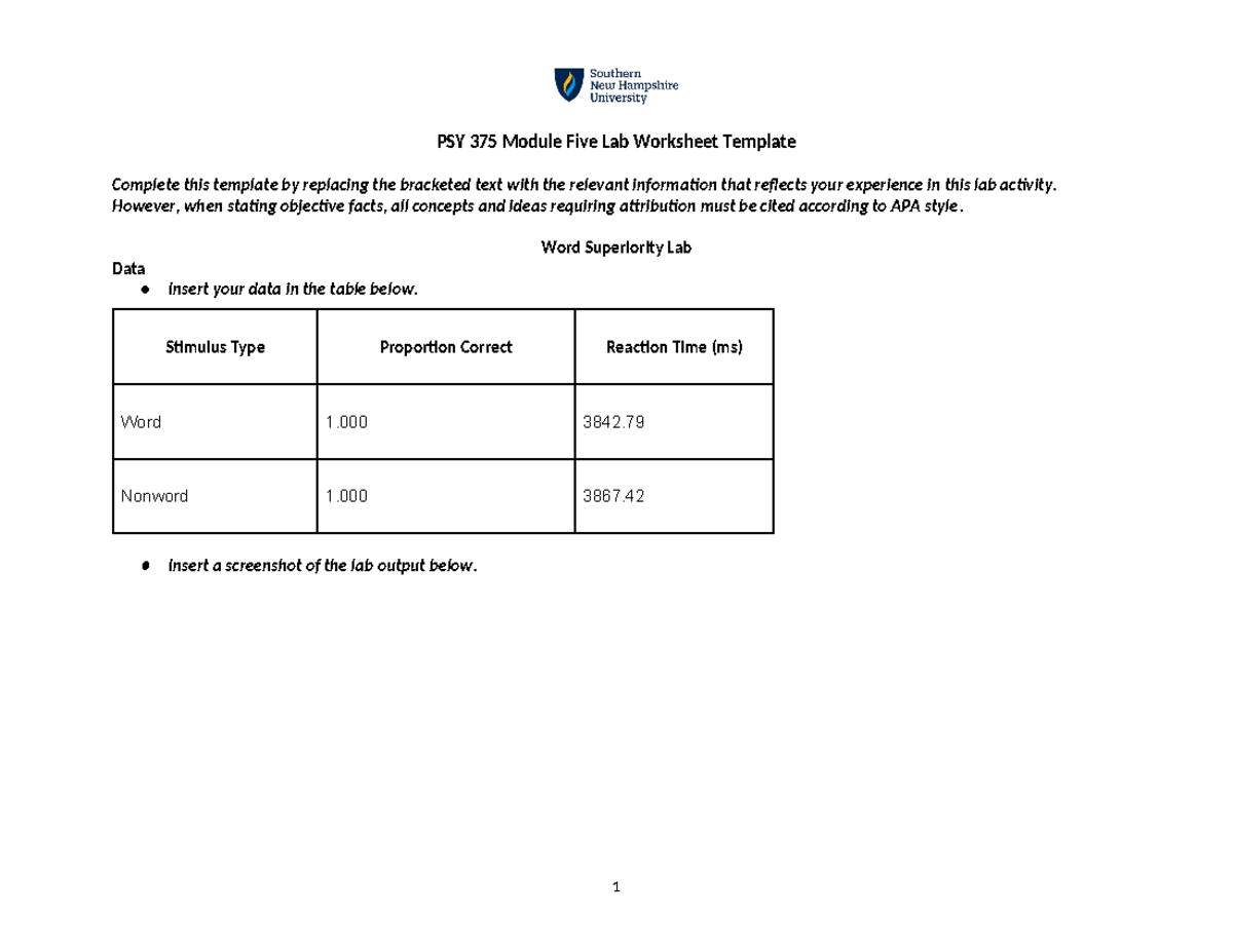 PSY 375 Module Five Lab Worksheet Template - PSY 375 Module Five Lab ...