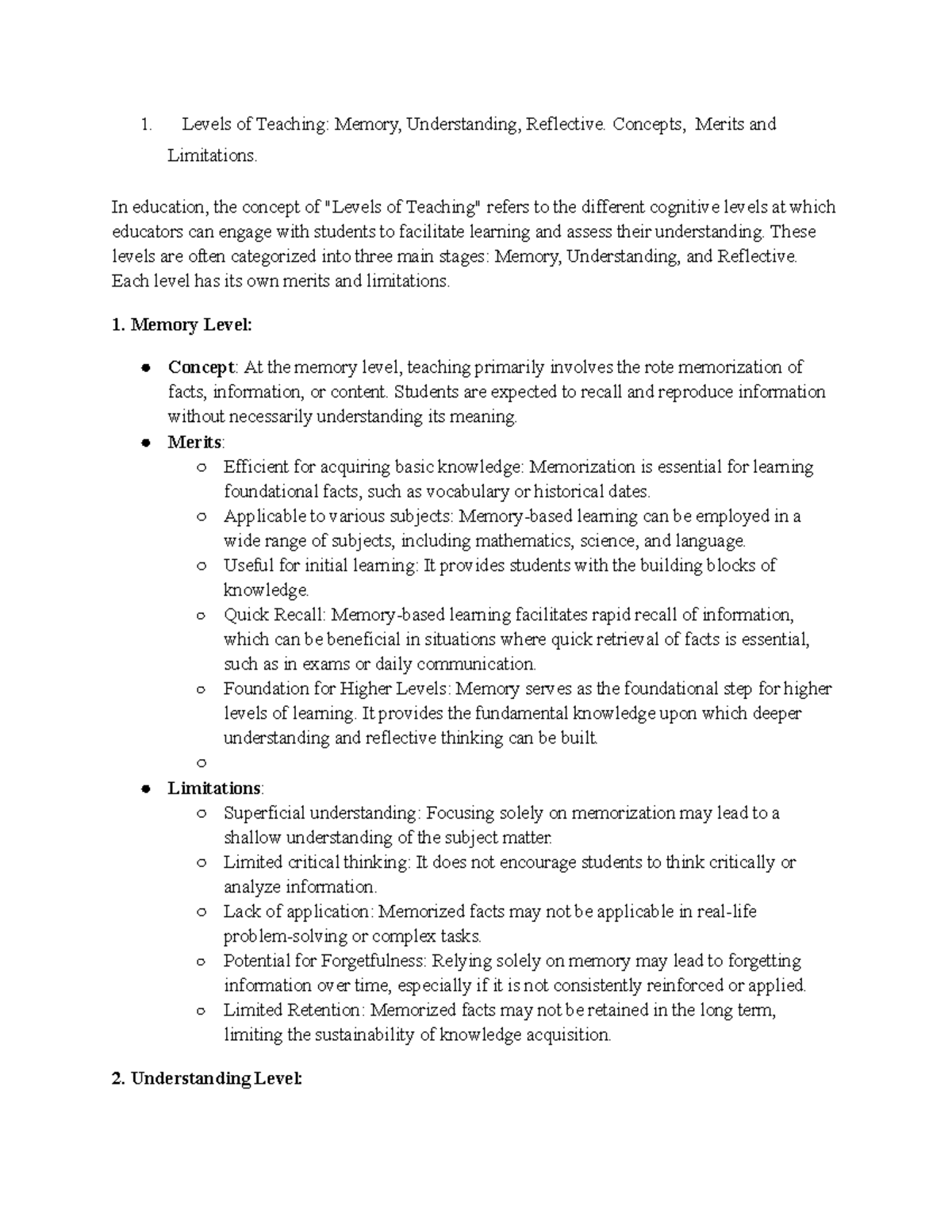 Levels Of Teaching Memory Understanding And Reflective
