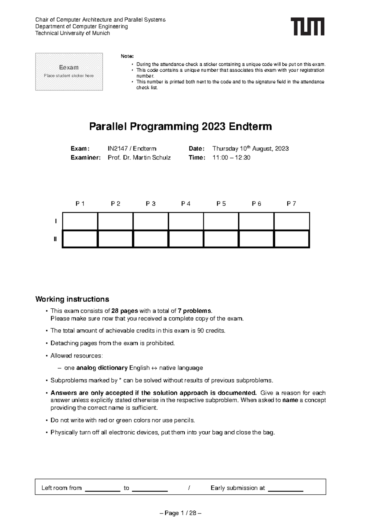 Parallel Programing Sample Exam 2023 - Chair of Computer Architecture ...