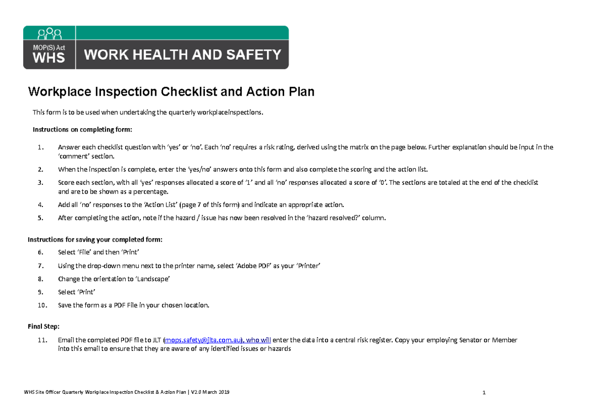 WHS Site Officer Qtr Workplace Inspection Checklist & Action Plan V2.0 ...