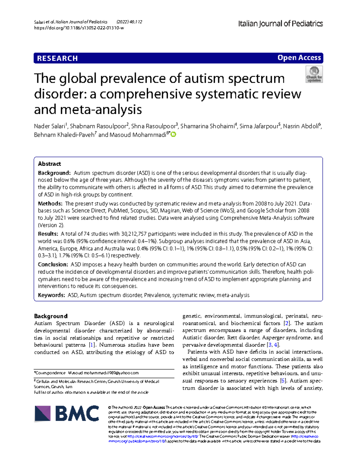 Global Prevalence of Autism Spectrum Disorder: A Systematic Review ...