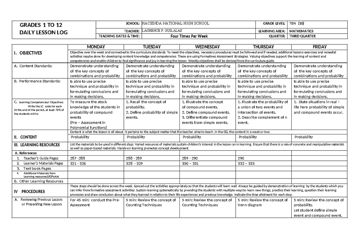 Dll math 10 q3 - ..... - GRADES 1 TO 12 DAILY LESSON LOG SCHOOL ...