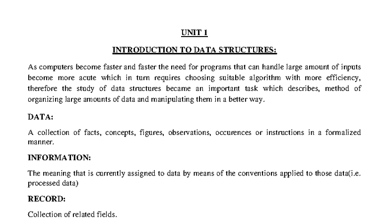 UNIT 1: Intro to Data Structures - Simplified Notes (856091737) - Studocu
